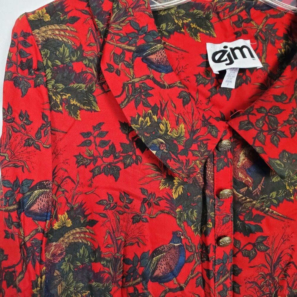 Vintage EJM Pheasant Print Dress Dark Red Size 8 Retro Funky Bird Print